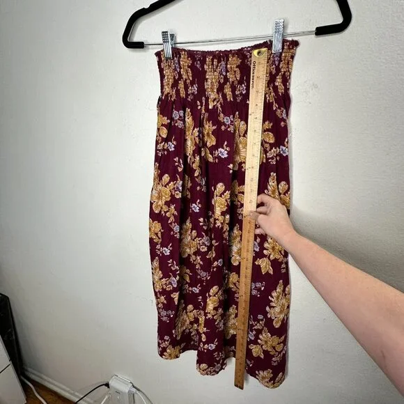 Natural Life Meadow Maroon Gold Tan Floral Smocked Waist Midi Skirt XS / S - Picture 7 of 13